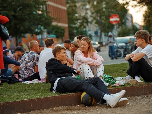 Unge mennesker hænger ude på et græsstykke og snakker i indre by