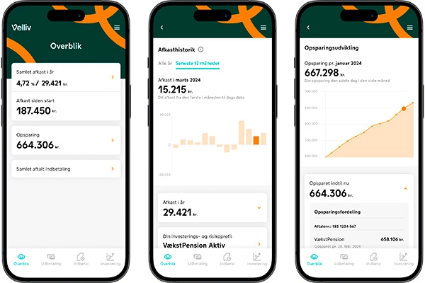 Velliv App, 3 mobil skærme over Overblik, Opsparing, Afkasthistorik sider